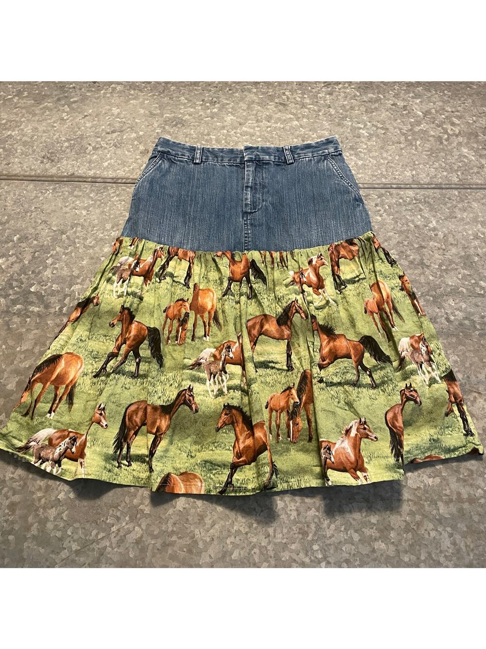 Vintage Upcycled Western Horse Skirt 4 Denim Jean Rodeo Cowboy Country Y2K Ranch
